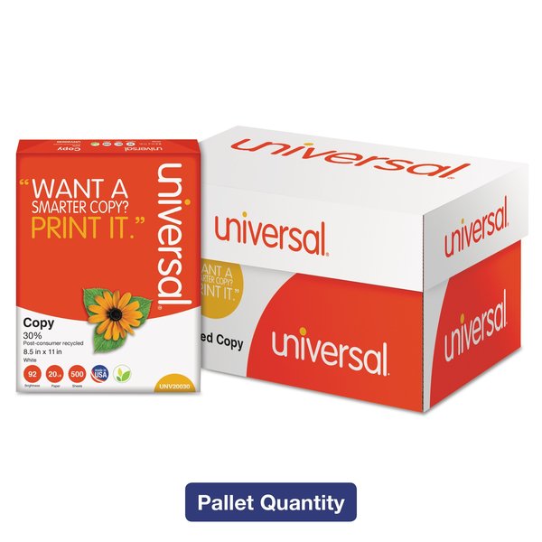 Universal 30% Recycled Copy Paper, 92 Bright, 20lb, 8.5 x 11, White, PK200000 UNV20030PLT